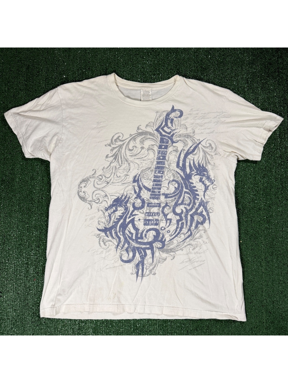 Y2K Men's Large White Graphic T-Shirt with Guitar and Dragon Design